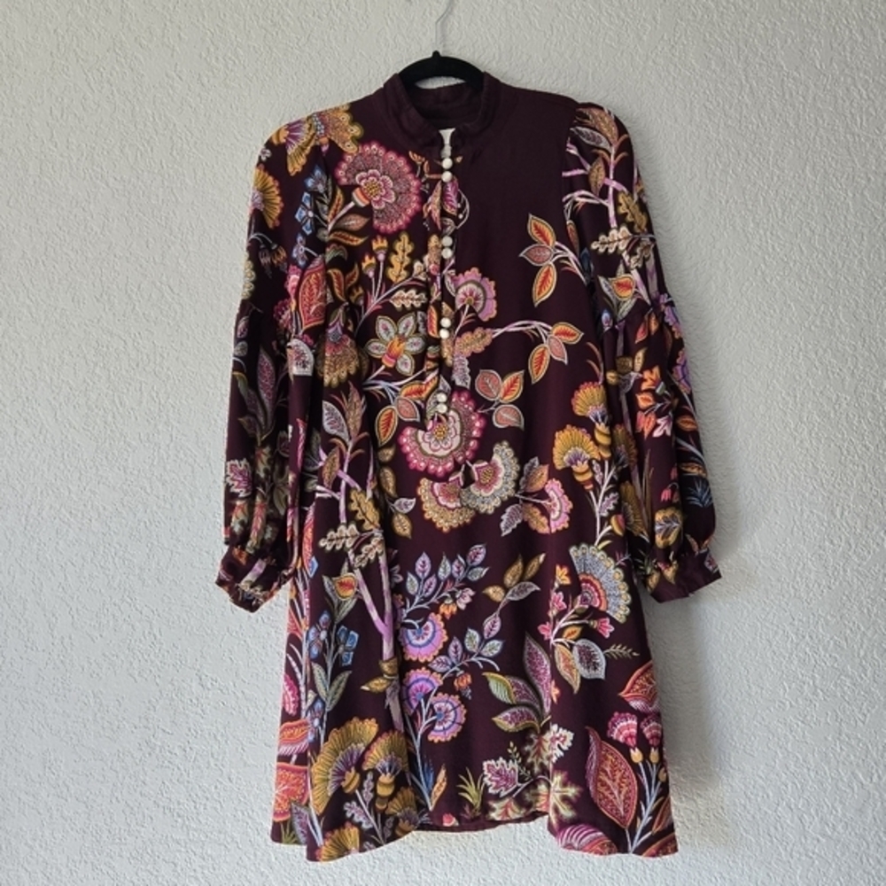 Anthropologie S Lori Tunic Dress Purple Long Sleeve Button Front Mini Dress‎
